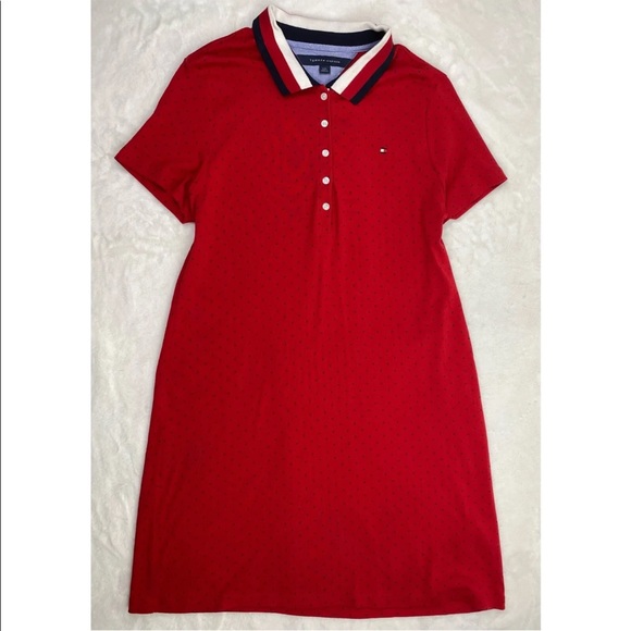 Tommy Hilfiger Shirt Dress Large Red Polka Dots Collared Polo Short Buttons - Picture 1 of 6